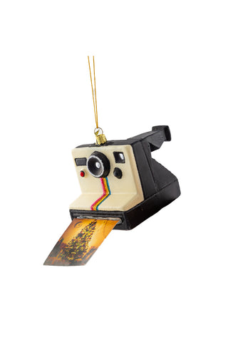 Cutout of the Polaroid-Inspired Camera Christmas Tree Decoration on a white background.