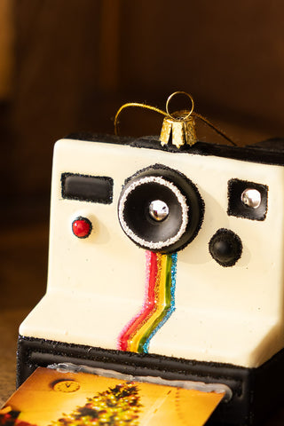 Close-up of the Polaroid-Inspired Camera Christmas Tree Decoration.