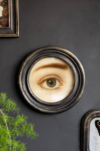 The Vintage-Style Pretty Eye Framed Wall Art styled on a black wall with some other artwork, next to a plant.