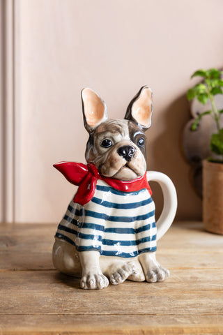 Image of the Quirky French Bulldog Teapot, showing the stripe jumper and red neckerchief. 