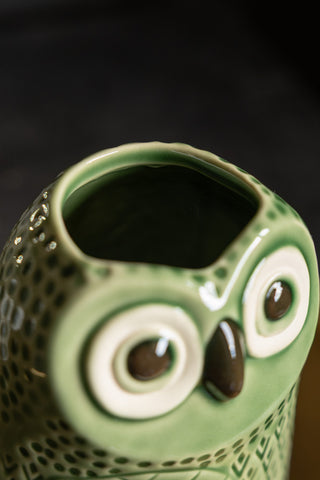 Close-up of the top of the Quirky Green Owl Bud Vase.