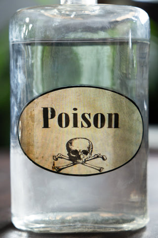 Close-up of the front of the Quirky 'Poison' Glass Decanter.