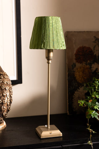 Table lamp with a green shade on a dark surface, with a decorative plant and framed picture in the background.