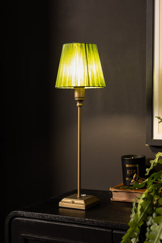 Green lamp with pleated shade on a dark surface against a dark wall
