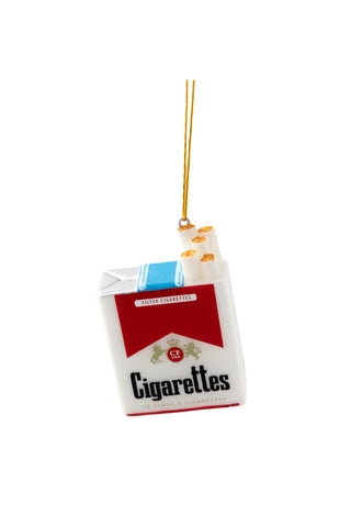 Cutout of the Red Cigarette Pack Christmas Tree Decoration on a white background.