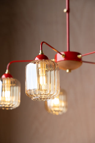 Close-up image of the Red Metal & Ribbed Glass Ceiling Light