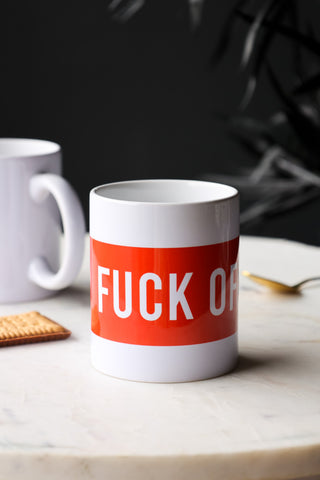 Lifestyle image of the Red & White Fuck Off Mug