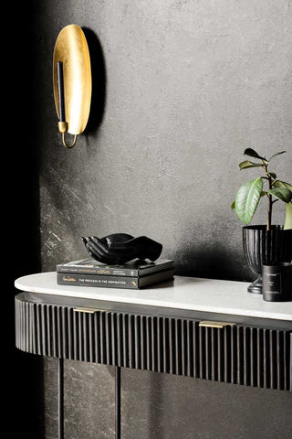 Close-up image of the Reeded Black Wood & Marble Console Table