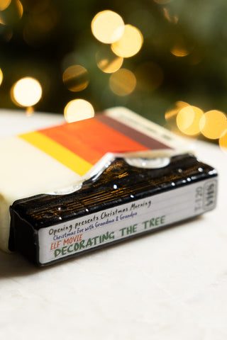 Close-up of the base of the Retro Video Tape Christmas Tree Decoration.