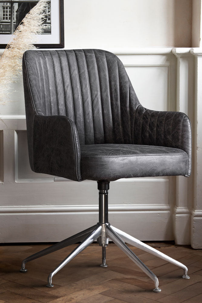 Ribbed Antique-Style Black Leather Swivel Chair Rockett St George