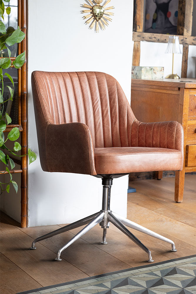 Ribbed Antique-Style Brown Leather Swivel Chair Rockett St George