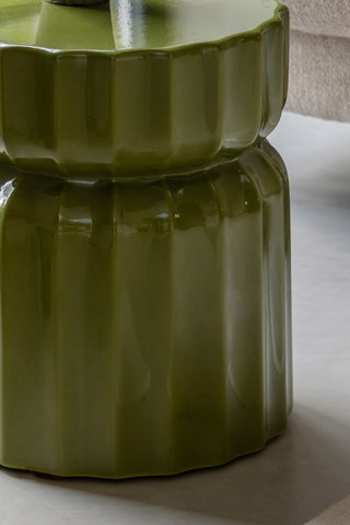 Close-up of the Ribbed Edge Round Side Table in Green Glaze.