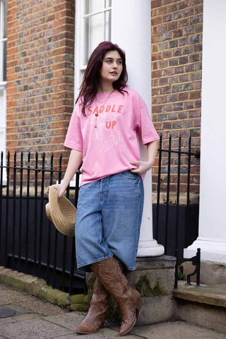 Image of the Saddle Up Pink Cowboy T-Shirt - Available in 6 Sizes showing the print