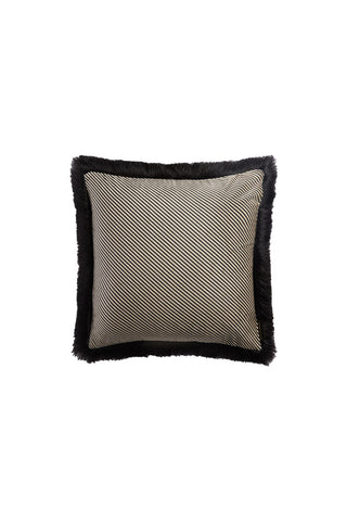 Image of the Sand Stripe Velvet Fringe Feather Filled Cushion on a white backhground