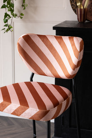 Close-up image of the Set Of 2 Bar Stools in Pink & Amber Stripe Velvet
