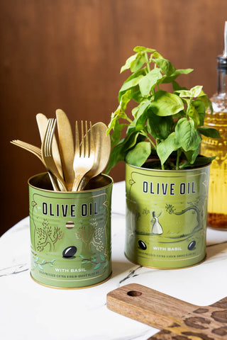 Lifestyle image of the Set Of 2 Green Olive Oil Storage Tins