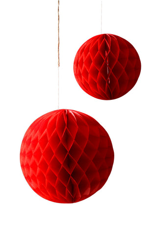 Image of the Set Of 2 Red Honeycomb Ball Decorations on a white background