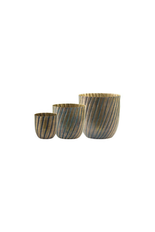 Image of the Set Of 3 Antique Brass Grooved Planters on a white background