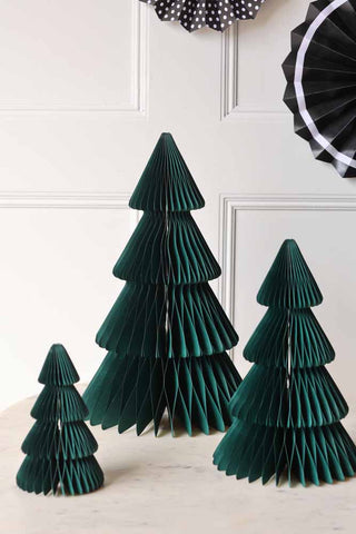 Lifestyle image of the Set Of 3 Dark Green Honeycomb Christmas Trees