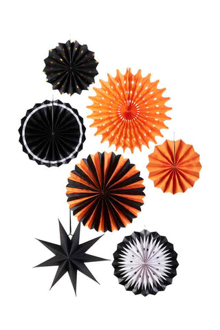 Image of the Set Of 7 Black & Orange Paper Decorations on a white background