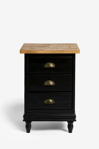 A black wooden bedside table seen from the front, on a white background.
