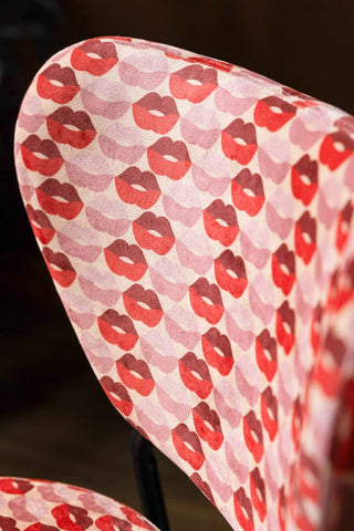 Close-up of the back of the Set of 2 Bar Stools in Lips Print Velvet.
