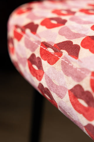 Close-up of the seat of the Set of 2 Bar Stools in Lips Print Velvet.