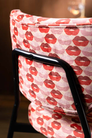 Close-up of the back of the Set of 2 Bar Stools in Lips Print Velvet.