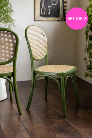 The Set of 2 Chez Pitou Wood & Woven Cane Dining Chairs in Green in a living room with plants.