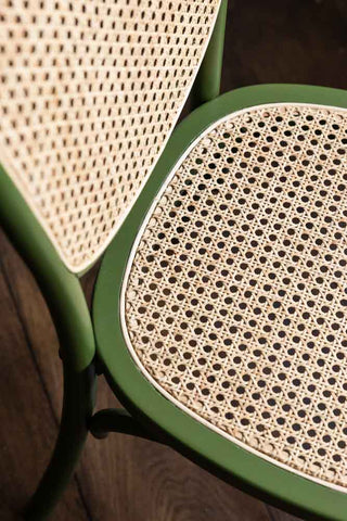 Close-up image of the Set of 2 Chez Pitou Wood & Woven Cane Dining Chairs in Green