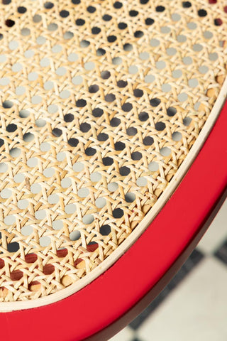 Close-up image of the Set of 2 Chez Pitou Wood & Woven Cane Dining Chairs in Red