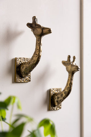 The Set of 2 Gold Giraffe Coat Hooks styled on a white wall with some greenery in shot.