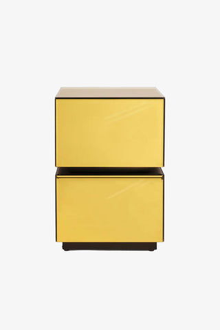 Gold two-drawer bedside table on a white background.