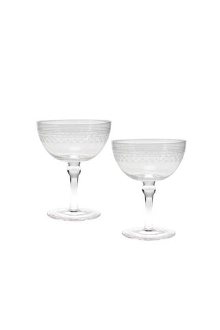 Image of the Set Of 2 Vintage Etched Champagne Glasses on a white background