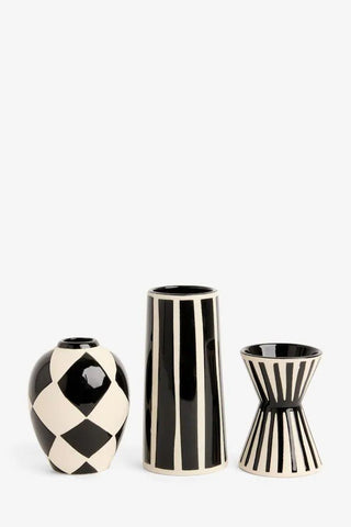 Image of the Set of 3 Black & White Stripe Vases on a white background