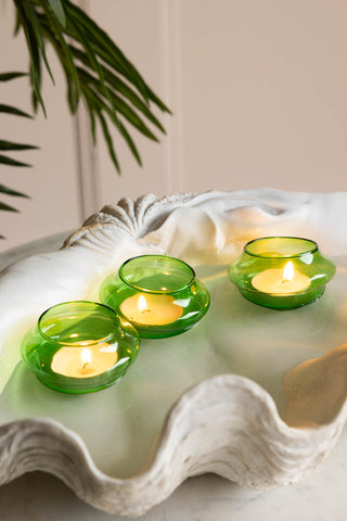 Detail image of the Set Of 3 Green Glass Tea Light Holders