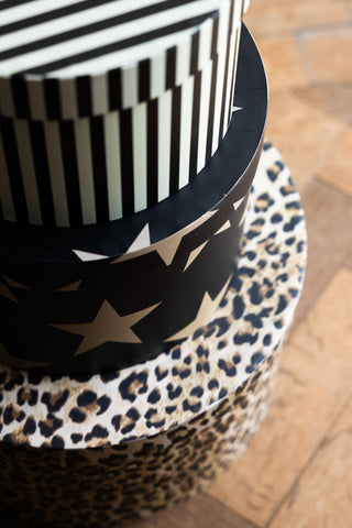 The corner of the Set of 3 Signature Storage Boxes in Stripes, Stars & Leopard Print, shown from above. 