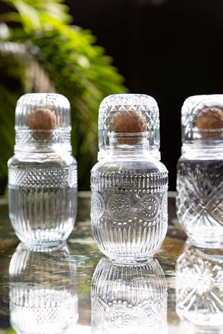 The Set of 3 Vintage-Style Glass Carafes & Stacking Tumblers styled on a glass surface with a plant in the background.