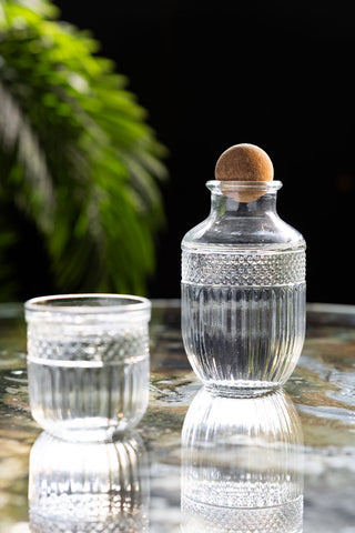 One of the Set of 3 Vintage-Style Glass Carafes & Stacking Tumblers styled on a glass surface with a plant in the background.