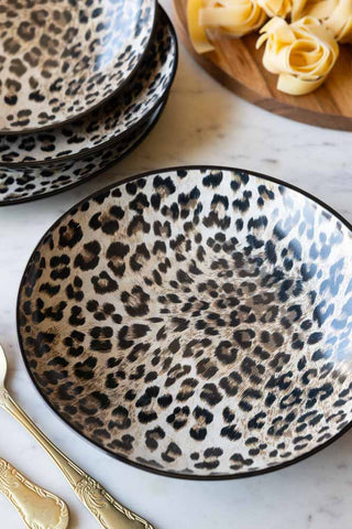A close up of one of the Leopard Print Pasta Bowls.