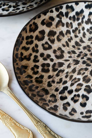Close up of the print of the Set of 4 Leopard Print Pasta Bowls.