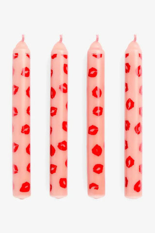Image of the Set of 4 Red Lips Print Dinner Candles on a white background