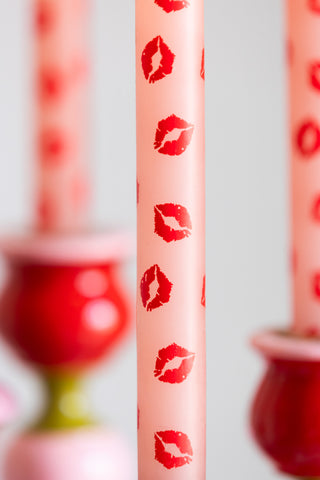 Close-up image of the Set of 4 Red Lips Print Dinner Candles