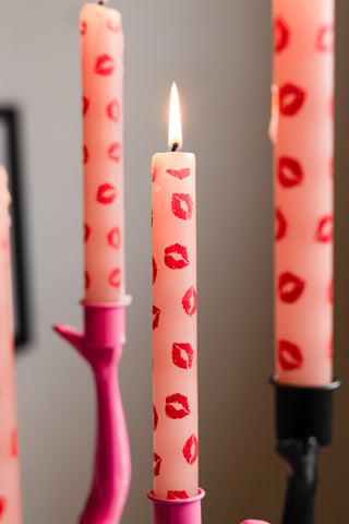 Image of the Set of 4 Red Lips Print Dinner Candles lit