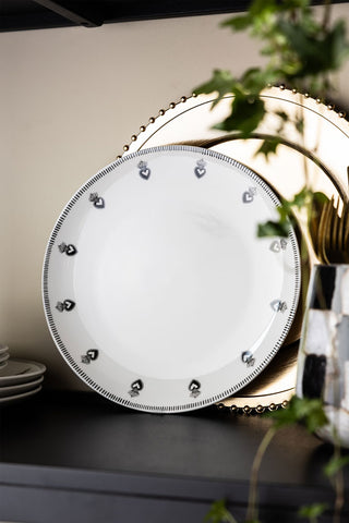 Image of the Set of 4 White Dinner Plates with Heart Edge Detail