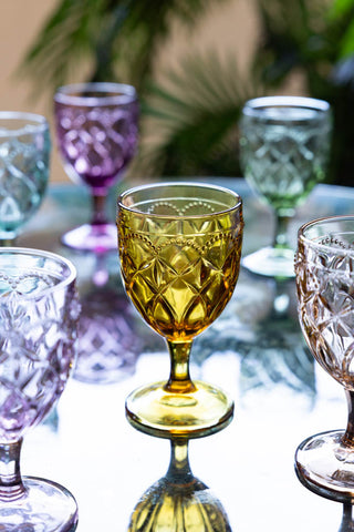 Lifestyle image of the Set of 6 Colourful Vintage-Style Wine Glasses