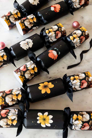 Lifestyle image of the Set of 6 Rockett St George Dark Floral Luxury Christmas Crackers