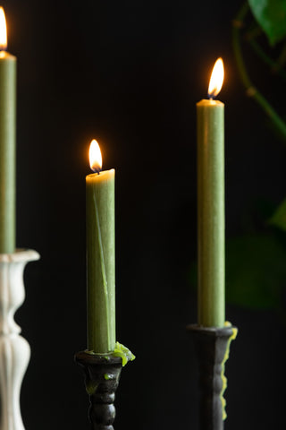 Lifestyle image of the Set of 6 Dinner Candles In Olive