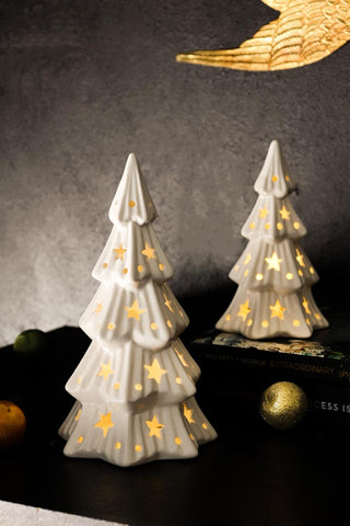 Image of the Set Of 2 White Ceramic Light Up Christmas Tree Ornaments on