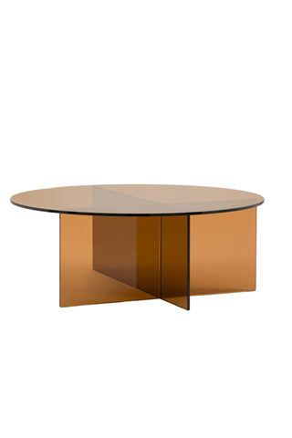 The Seventies Amber Glass Oval Coffee Table on a white background.